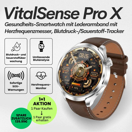 VitalSense Pro X - Gesundheits-Smartwatch mit Lederarmband (2026) - Sonderaktion 1+1 Gratis