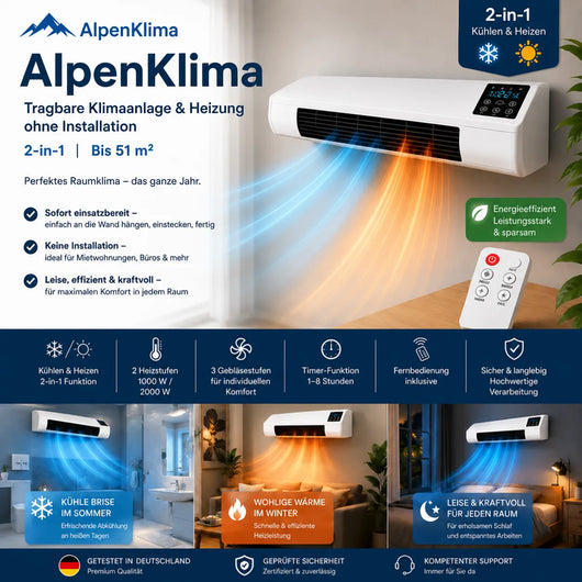 AlpenKlima – Tragbare Klimaanlage & Heizung ohne Installation | 2-in-1 | Bis 51 m²